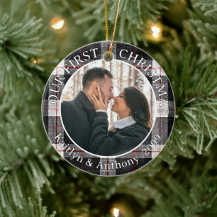 Our First Christmas Couple 2 Photos Plaid Ceramic Ornament