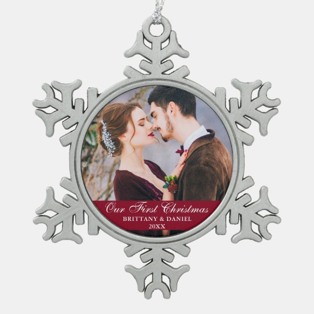 Our First Christmas Couple Photo Burgundy Snowflake Pewter Christmas Ornament (Front)