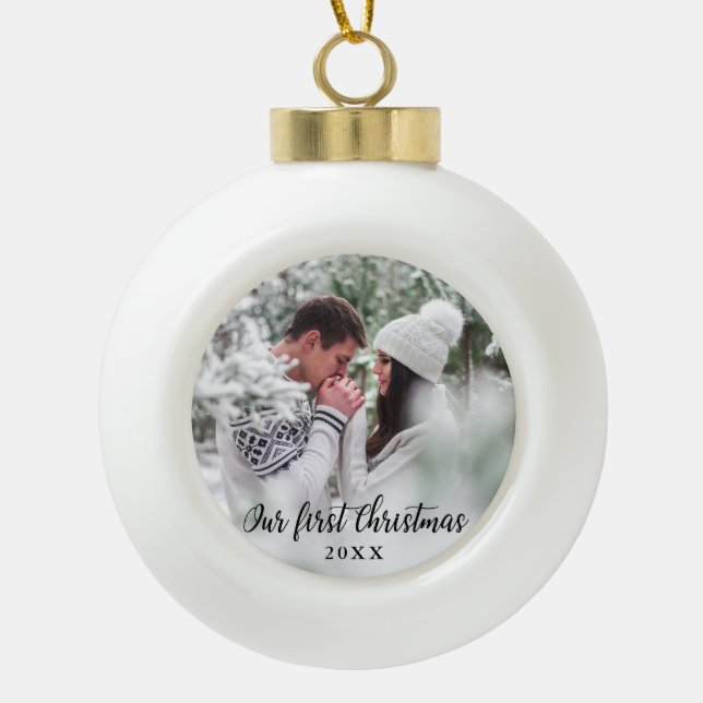 Our First Christmas Couple Photo Ceramic Ball Christmas Ornament (Front)