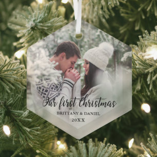 Our First Christmas Couple Photo Glass Tree Decoration