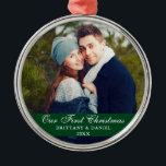 Our First Christmas Couple Photo Green Metal Ornament<br><div class="desc">Our First Christmas Couple Photo Green Ornament</div>