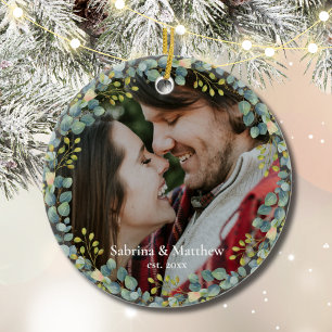 Our First Christmas Couple Photo Greenery Wreath Ceramic Ornament
