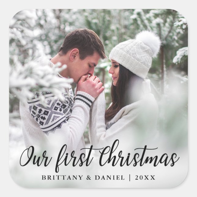 Our First Christmas Couple Photo Large Square Sticker (Front)