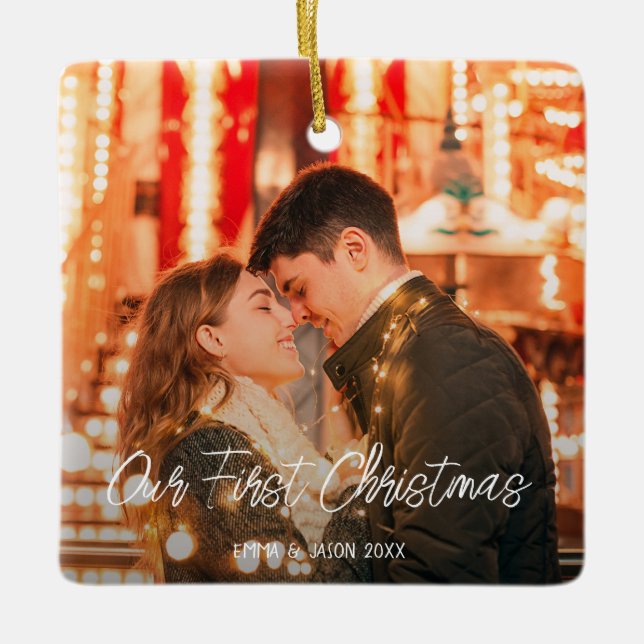 Our first Christmas couple photo love script font Ceramic Ornament (Front)
