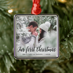Our First Christmas Couple Photo Metal Ornament