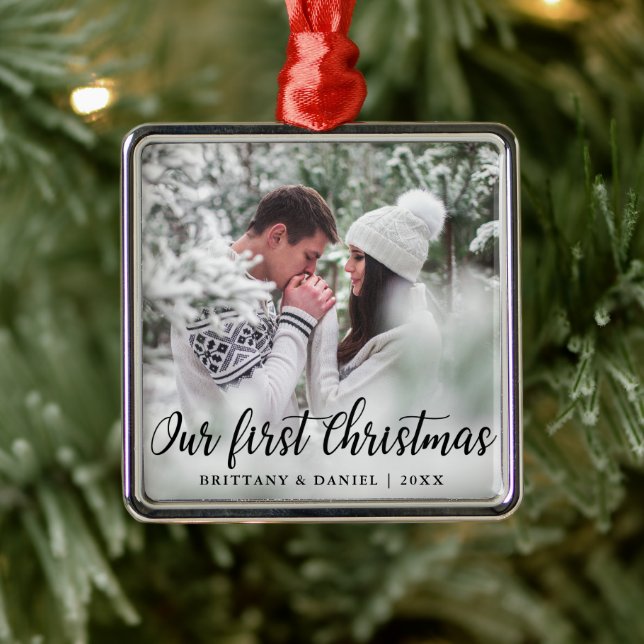 Our First Christmas Couple Photo Metal Ornament (Tree)
