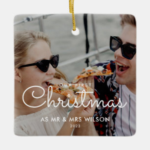 Our First Christmas Couple Photo Minimalist Script Ceramic Ornament