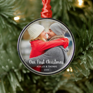 Our First Christmas Couple Photo Modern Round Metal Ornament