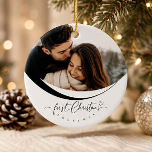 Our First Christmas Couple Photo Monogram  Ceramic Ornament