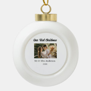Our first Christmas couple photo name Mr & Mrs mod Ceramic Ball Christmas Ornament