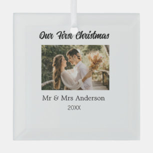 Our first Christmas couple photo name Mr & Mrs mod Glass Tree Decoration