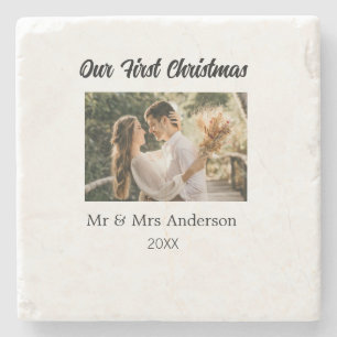 Our first Christmas couple photo name Mr & Mrs mod Stone Coaster