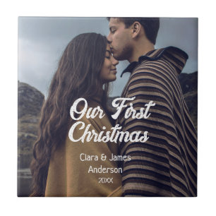 Our first Christmas couple photo name white grey Ceramic Tile