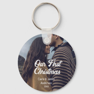 Our first Christmas couple photo name white grey Key Ring