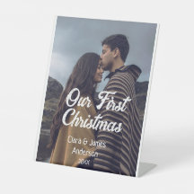 Our first Christmas couple photo name white grey