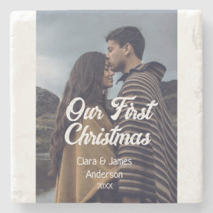 Our first Christmas couple photo name white grey Stone Coaster