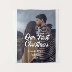 Our first Christmas couple photo name white grey Tapestry
