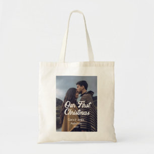 Our first Christmas couple photo name white grey Tote Bag
