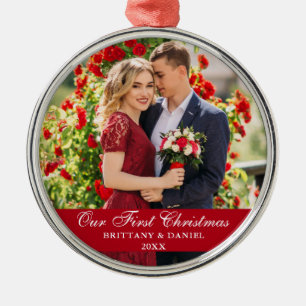 Our First Christmas Couple Photo Red Metal Ornament