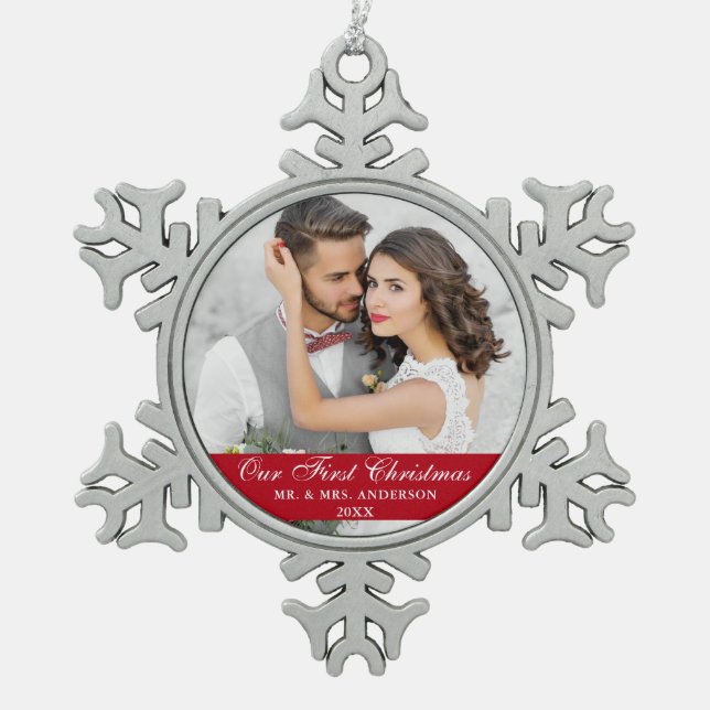 Our First Christmas Couple Photo Red Snowflake Pewter Christmas Ornament (Front)