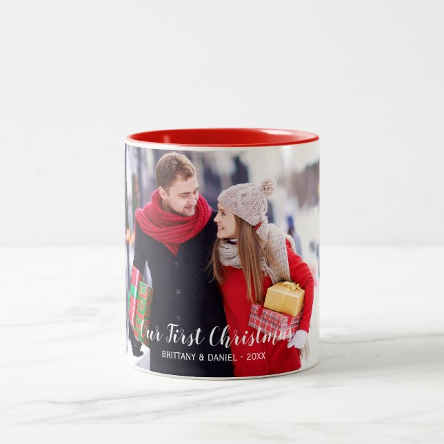Our First Christmas Couple Photo Red White Two-Tone Coffee Mug (Center)