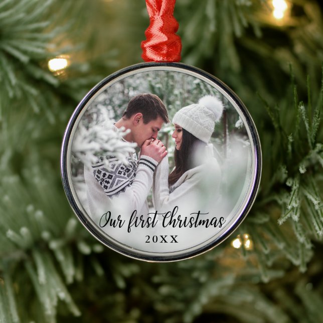 Our First Christmas Couple Photo Round Metal Ornament (Tree)