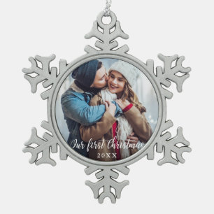 Our First Christmas Couple Photo Script Snowflake Pewter Christmas Ornament