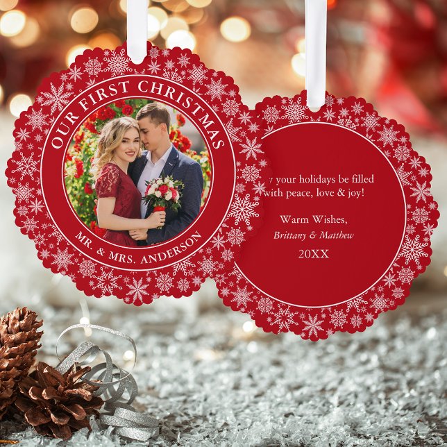 Our First Christmas Couple Photo Snowflakes Red Tree Decoration Card (A greeting card that is also an ornament! Customize with your photo and personalized text.)