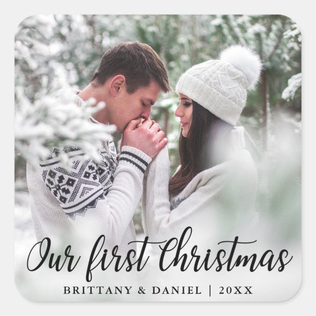 Our First Christmas Couple Photo Square Sticker (Front)