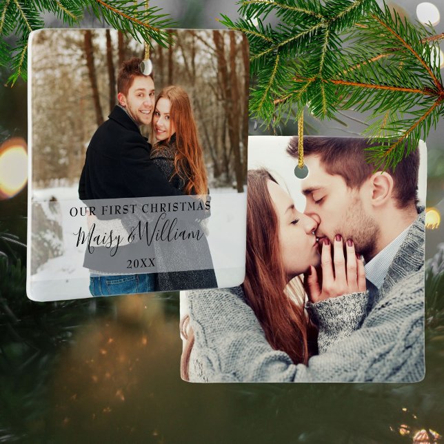 Our First Christmas Couple Script Names Photos Ceramic Ornament (Our First Christmas Couple Script Names Photos Ceramic Ornament)