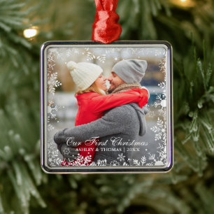 Our First Christmas Couple Snowflake Border Metal Ornament