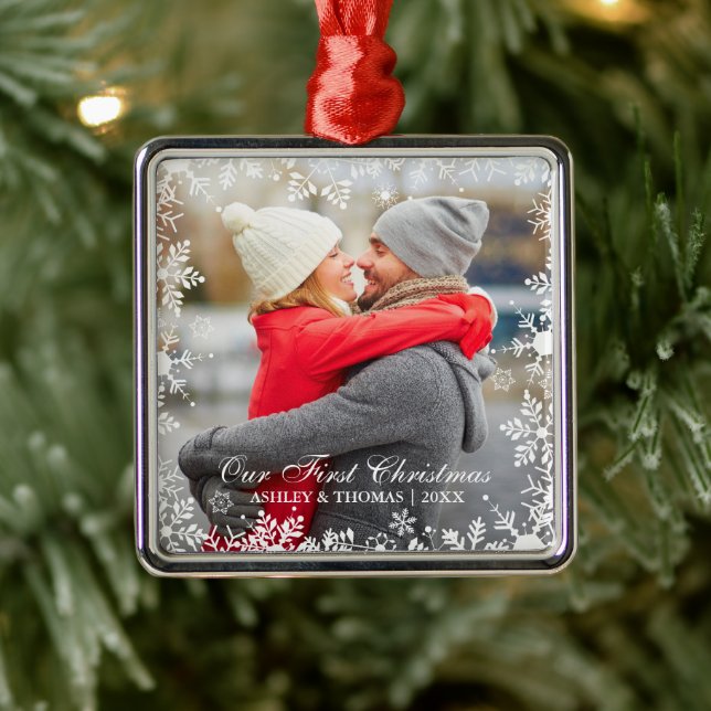 Our First Christmas Couple Snowflake Border Metal Ornament (Tree)