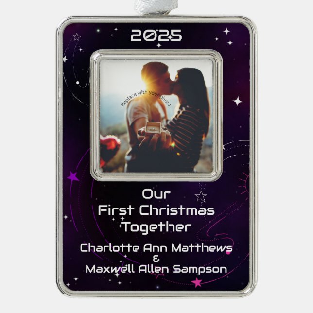 Our First Christmas Couple's Outer Space Silver Plated Framed Ornament (Front)