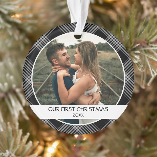 Our First Christmas Couple's Photo Black Plaid Ornament (Tree)