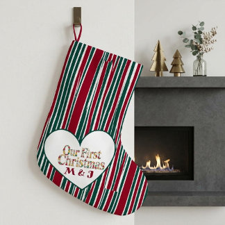Our First Christmas Couples Plaid Monogram Initial Large Christmas Stocking