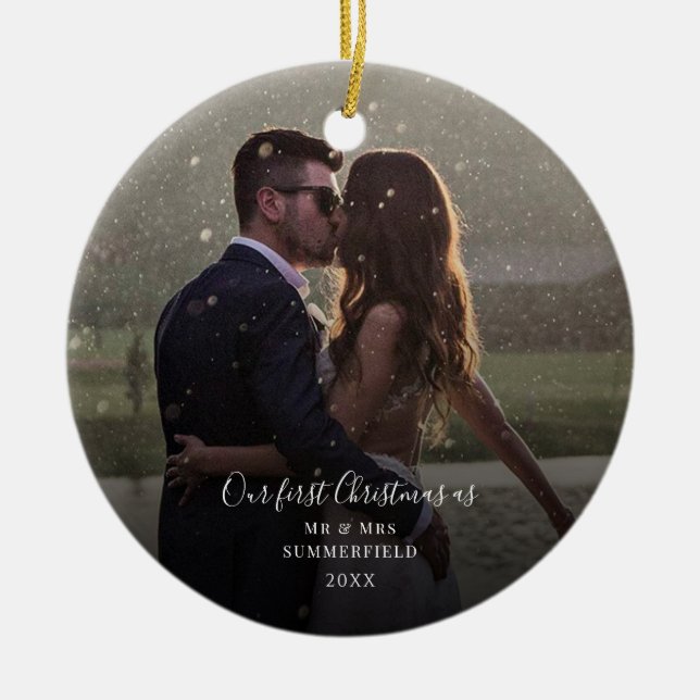 Our First Christmas Couples Wedding Photo Ceramic Ornament (Front)