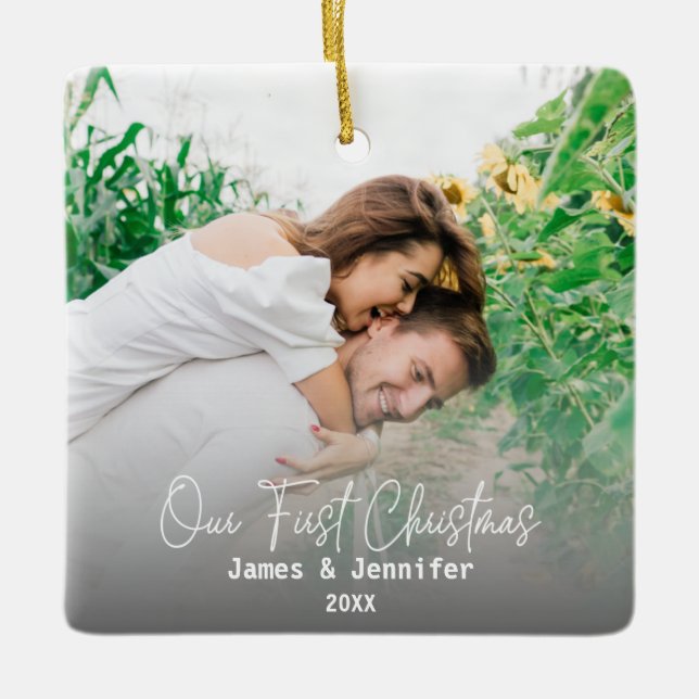 Our First Christmas Custom Couple Names & 2 Photos Ceramic Ornament (Front)