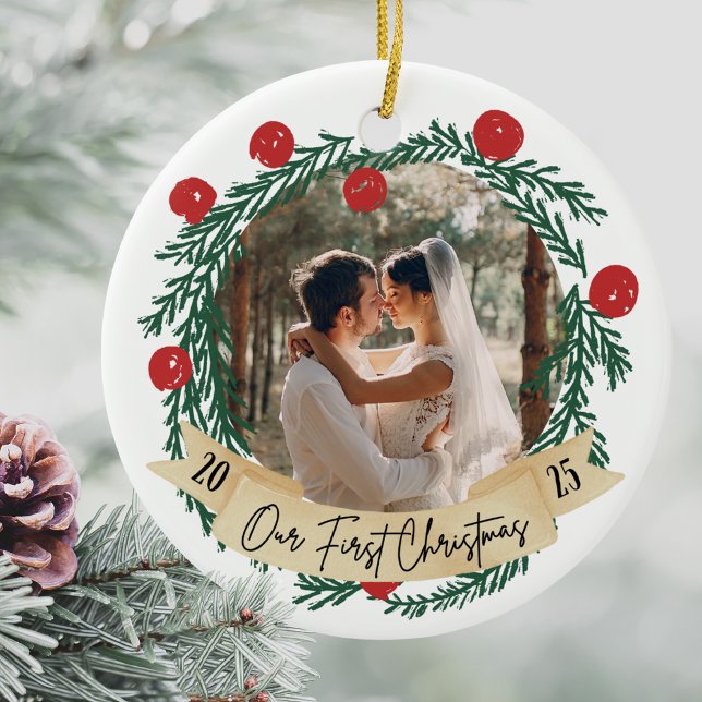Our First Christmas Custom Photo Couples Picture Ceramic Ornament (Our First Christmas Photo Ornament, Personalized Custom New Couples Picture Newlywed Gift Keepsake)