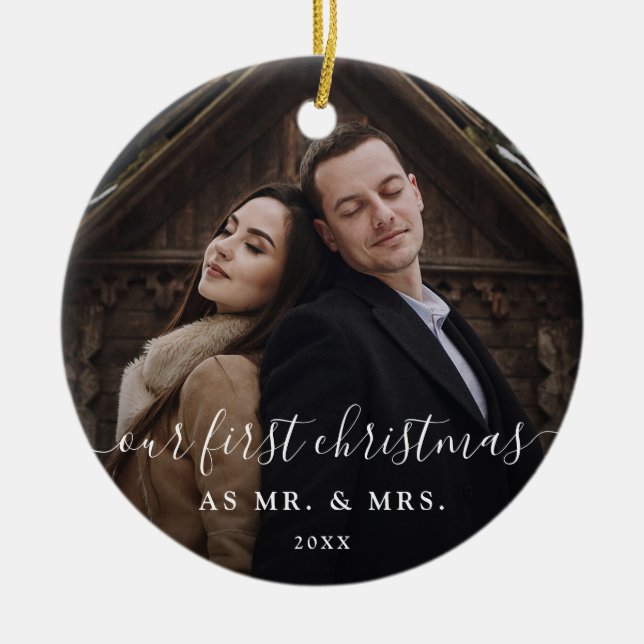 Our First Christmas | Cute Rustic Script and Photo Ceramic Ornament (Front)