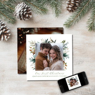 Our First Christmas Dried Botanical Square Photo Holiday Card