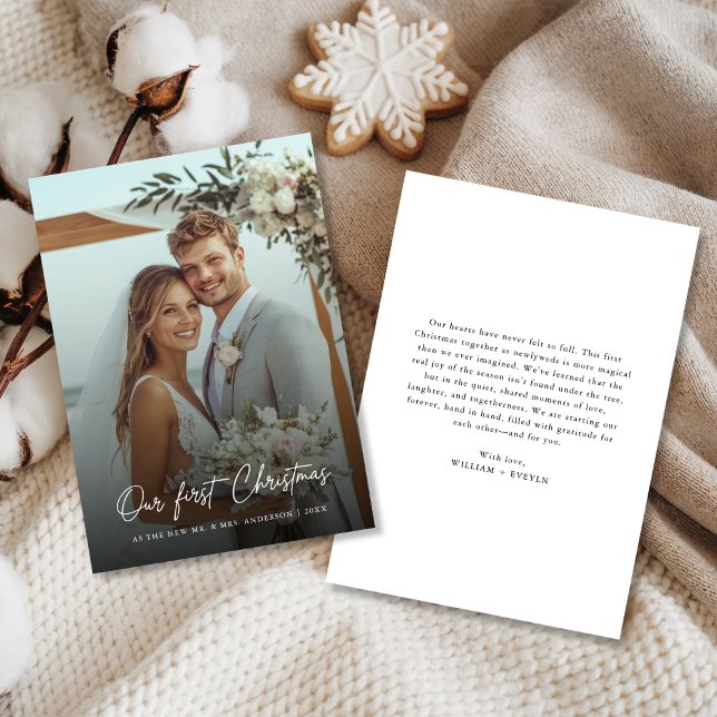 Our First Christmas Elegant Beach Wedding Photo Holiday Card (Creator Uploaded)