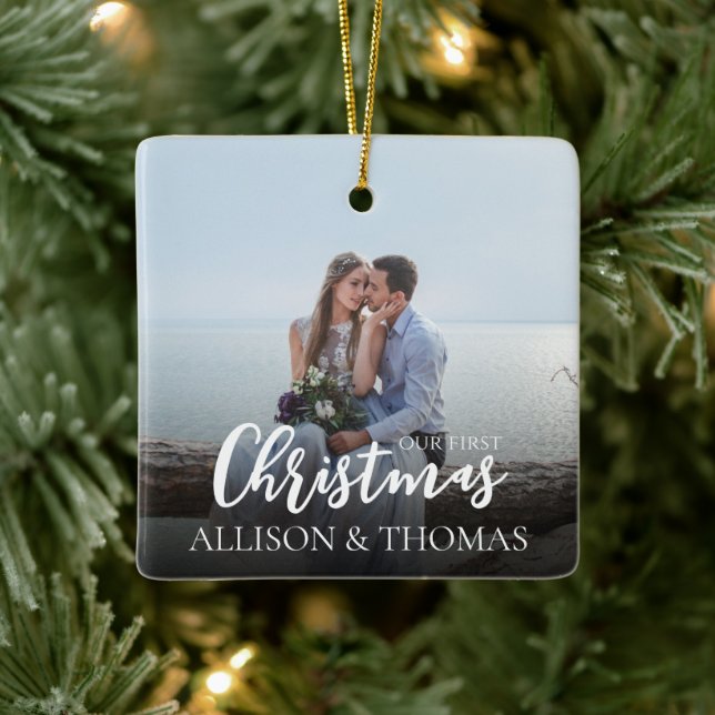 Our First Christmas Elegant Photo Simple Wedding  Ceramic Ornament (Tree)