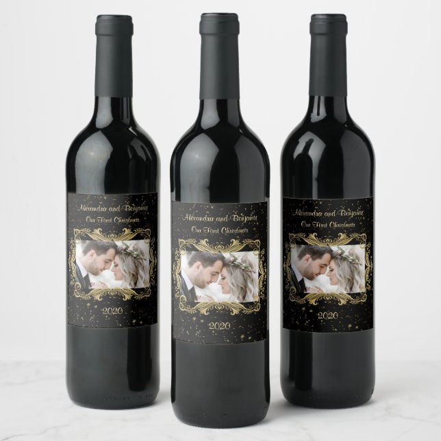 Our First Christmas Elegant Photo Template Black Wine Label (Bottles)