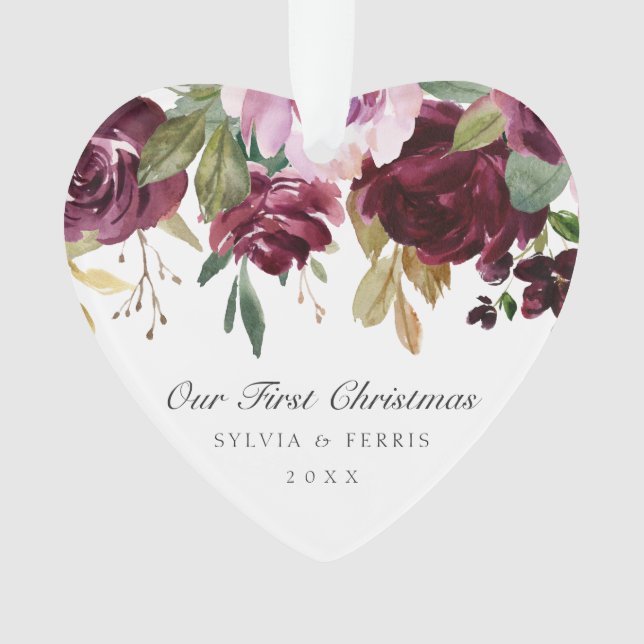 Our First Christmas Elegant Plum Floral Photo Ornament (Front)