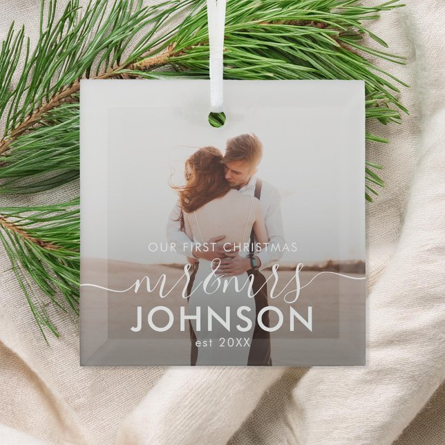 Our First Christmas Elegant Script Mr and Mrs Glass Tree Decoration (Creator Uploaded)