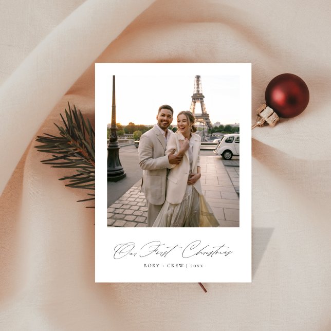 Our First Christmas Elegant Script Newlywed Photo Holiday Card (Creator Uploaded)
