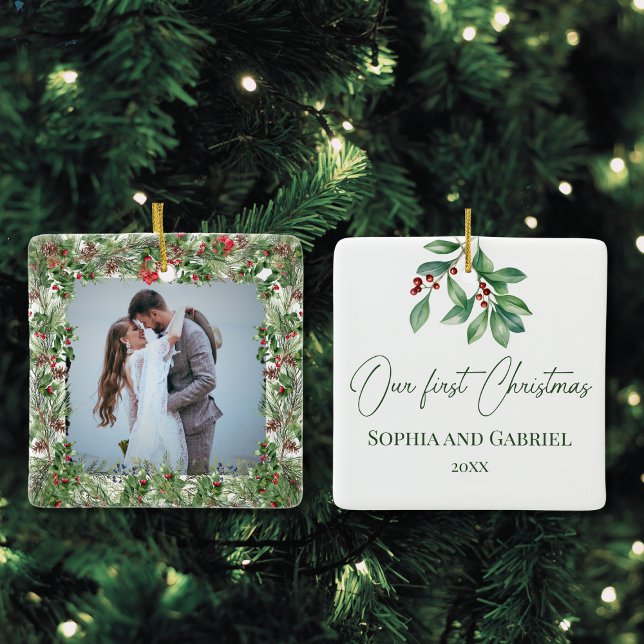 Our First Christmas Elegant Wedding Newlywed Ceramic Ornament (Modern elegant Our first Christmas ornament for newlywed couple, 1st Christmas, script typography)