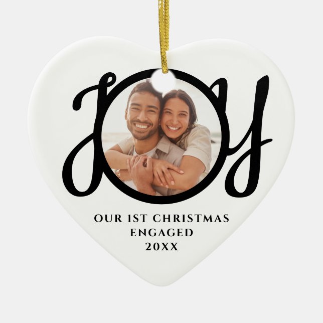 Our First Christmas Engaged 2 Photo Heart-Shaped Ceramic Ornament (Front)
