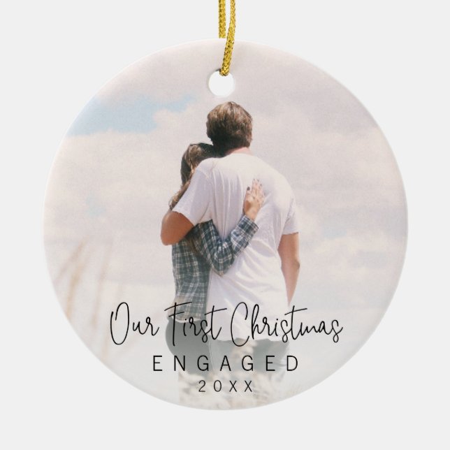 Our First Christmas Engaged Black Script Photo Ceramic Ornament (Front)