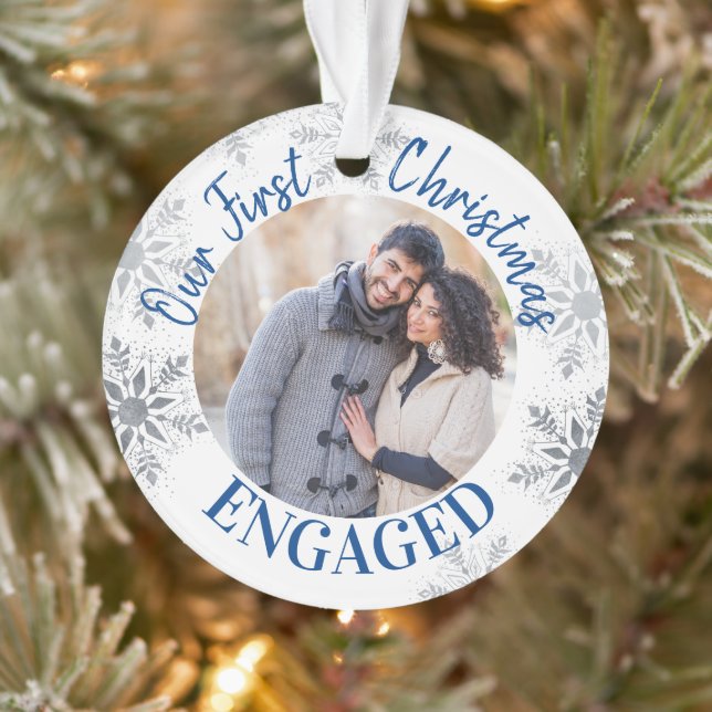 Our First Christmas Engaged Blue and Silver Photo Ornament (Tree)